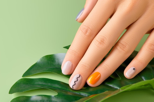 Piękna kobieca ręka z minimalistycznym wzorem paznokci na zielonym tle manicure pedicure salon kosmetyczny ko...