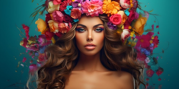 Piękna kobieta bogini z kwiatową koroną w żywych kolorach