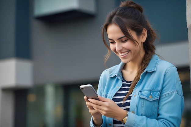 Piękna kobieta cieszy się ekscytacją korzystania z telefonu komórkowego.