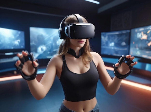 Piękna kobieta grająca w grę wirtualnej rzeczywistości w domu w studiu gier
