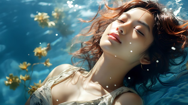 Piękna kobieta jest w jasnym i czystym niebieskim basenie Zamknęła oczy i zrelaksowała się