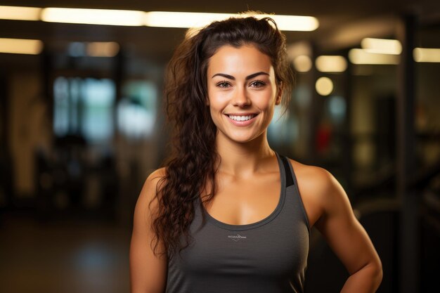 Piękna kobieta lekkoatletycznego uśmiechający się trener fitness w siłowni sportsmenka budowy ciała wypracować