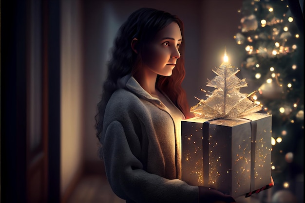 Piękna kobieta Model 3D stojący trzymając prezent W tle jest choinka ozdobiona światłami