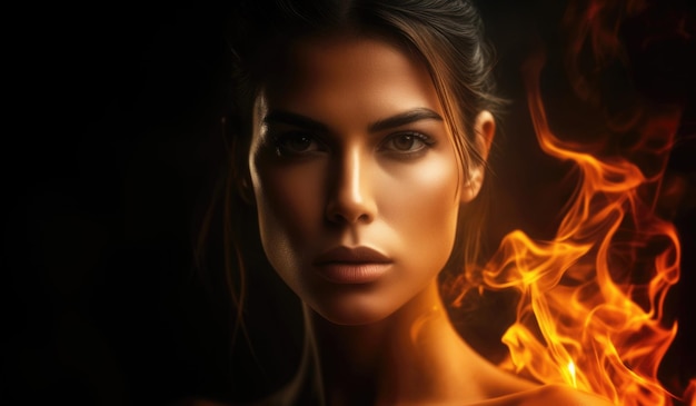 Zdjęcie piękna kobieta na tle płomieni generatywna sztuczna inteligencja