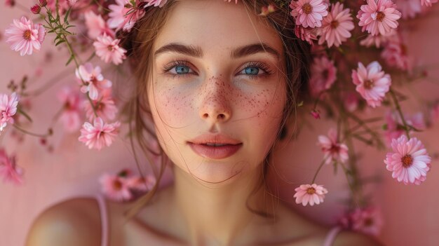 Piękna kobieta nosząca różowe kwiaty podczas świąt i wiosny jest pełna radości i szczęścia