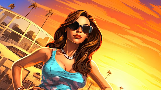 Piękna kobieta opalająca się na plaży kolorowa grafika w stylu komiksu