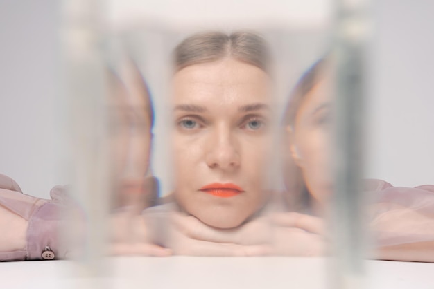 Zdjęcie piękna kobieta, patrząc przez szklaną wodę, patrzy w kamerę jasnopomarańczową