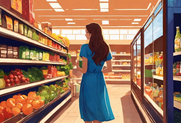 Piękna kobieta patrzy na półki, by kupić coś w supermarkecie.