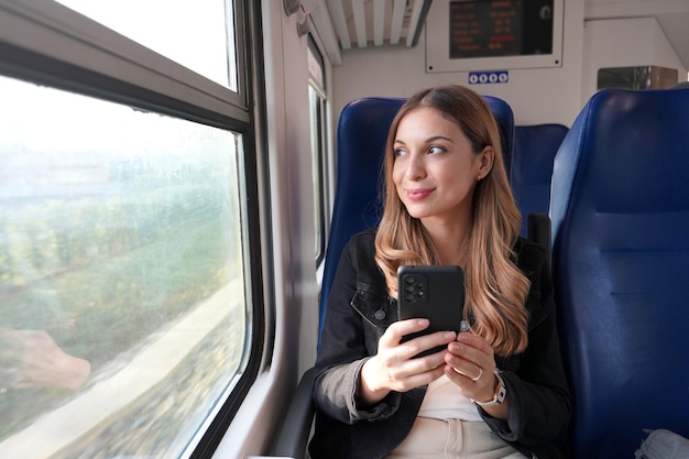 Piękna kobieta podróżująca pociągiem trzymająca smartfona siedząca i zrelaksowana