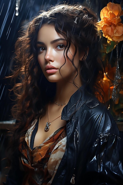 Piękna kobieta pozująca obok deszczu