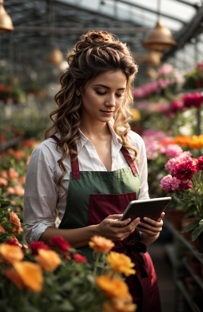 Piękna kobieta pracująca w szklarni kwiatów sprawdza zamówienia na tabletce