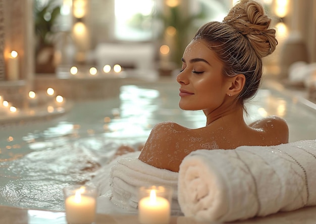 Piękna kobieta relaksująca się i ciesząca się kąpielą w jacuzzi w luksusowym kurorcie spaMacroAI Generative