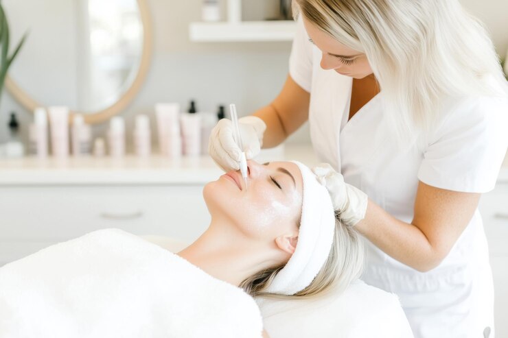 Zdjęcie piękna kobieta robi maskę na twarz w spa kosmetolog nakłada maskę kremową w salonie piękności