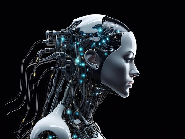 Piękna kobieta-robot AI z mechanicznymi przewodami i rurami Koncepcja bota na czacie z Androidem Generatywna sztuczna inteligencja