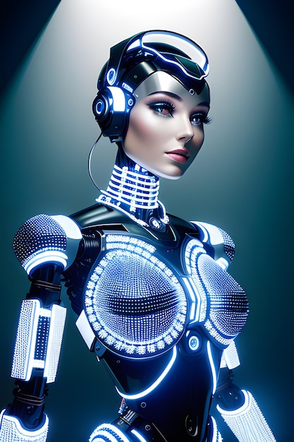 Piękna kobieta-robot wykonana ze skomplikowanych metalowych elementów i hipnotyzujących oświetlonych drutów