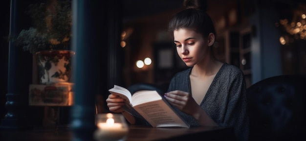 Piękna kobieta siedząca w kawiarni czytająca książkę Generatywna sztuczna inteligencja