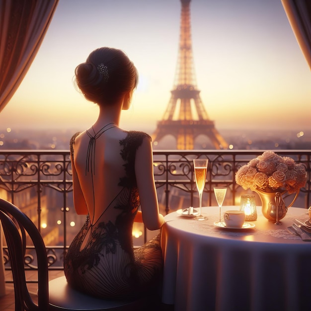 piękna kobieta siedzi na balkonie na tle Wieży Eiffla