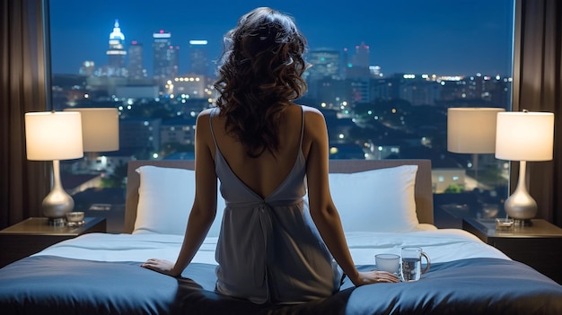 piękna kobieta siedzi w nowoczesnej przytulnej sypialni z widokiem na taras i nocne miasto niewyraźne światło