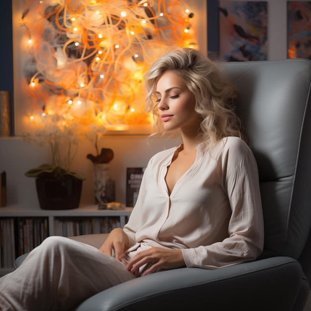 Piękna kobieta siedzi w nowoczesnym fotelu ze światłami i odczuwa aromaterapię