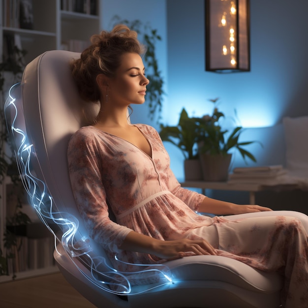 Piękna kobieta siedzi w nowoczesnym fotelu ze światłami i odczuwa aromaterapię