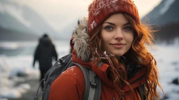 Piękna kobieta stoi w pobliżu lodowatego jeziora Generacyjna AI