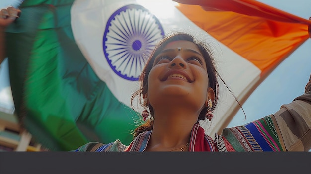 Zdjęcie piękna kobieta trzymająca indyjską flagę.