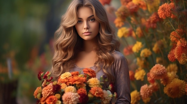 Piękna kobieta trzymająca piękny jesienny bukiet kwiatów z goździkami Generatywna sztuczna inteligencja