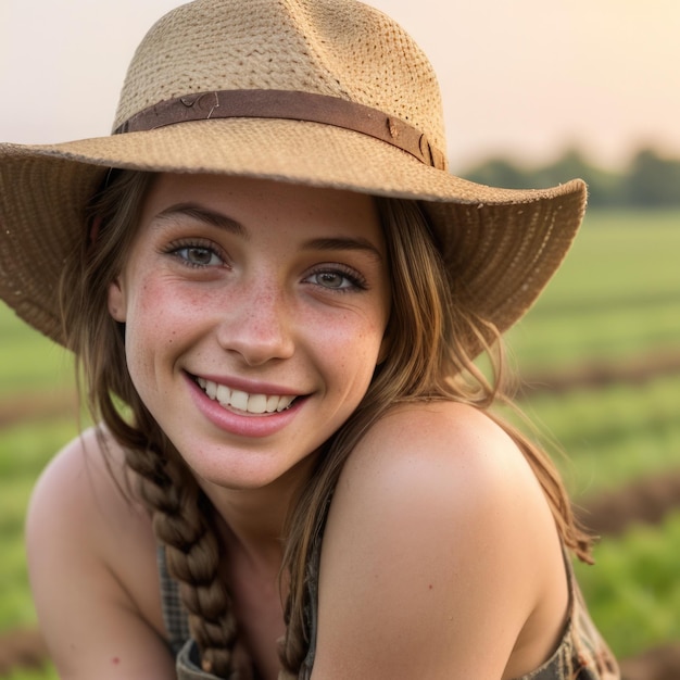 Piękna kobieta ubrana jak rolnik profesjonalne zdjęcie ładny atrakcyjny uśmiech flirtujący