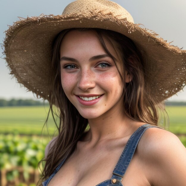 Piękna kobieta ubrana jak rolnik profesjonalne zdjęcie ładny atrakcyjny uśmiech flirtujący