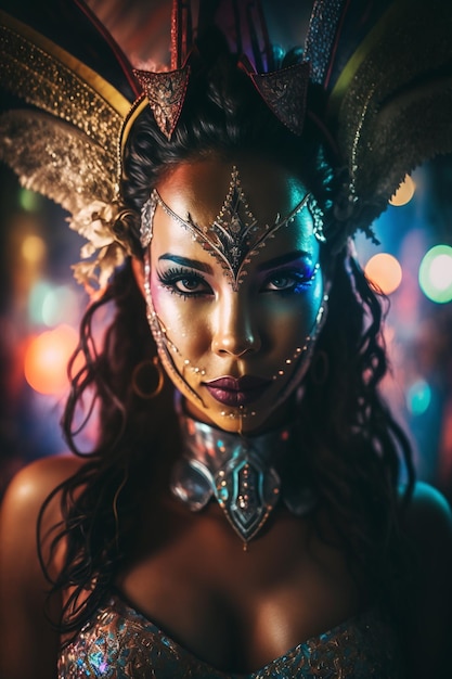 piękna kobieta ubrana w karnawałową maskę kolorowe żywe kolory