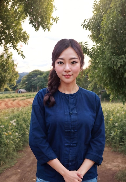 Piękna kobieta ubrana w tradycyjną tajską niebieską koszulę z krótkimi rękawami Morhom generative AI