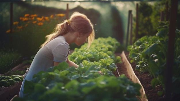 Piękna kobieta uprawia własne świeże organiczne warzywa w małym ogrodzie Generative ai