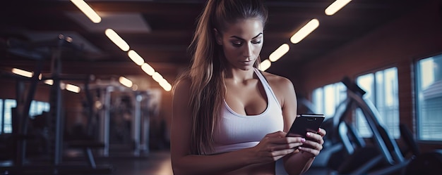 Piękna kobieta używająca smartfona podczas ćwiczeń fizycznych lub treningu Koncepcja technologii siłowni kopiuj przestrzeń dla tekstu