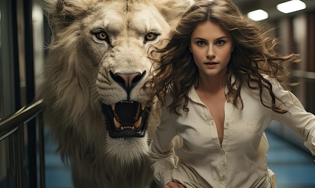 Piękna kobieta w białej sukni z lwem w dłoniach