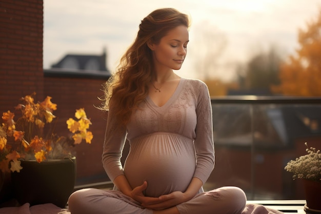 Piękna kobieta w ciąży siedzi na tarasie w domu w jesienny dzień