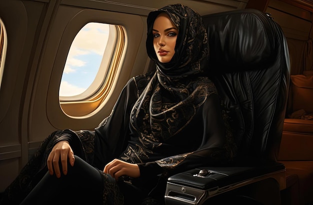 Piękna kobieta w czarnej szlafroku siedząca w samolocie