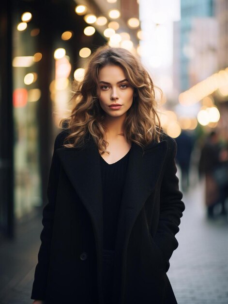 Piękna kobieta w czarnym płaszczu idąca ulicą w mieście