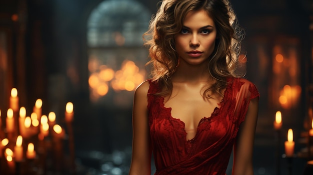 Piękna kobieta w czerwonej sukience z dymem na ciemnym tle