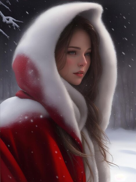 Zdjęcie piękna kobieta w czerwonym kapturze z białym futrem w śnieżnej zimnej nocy