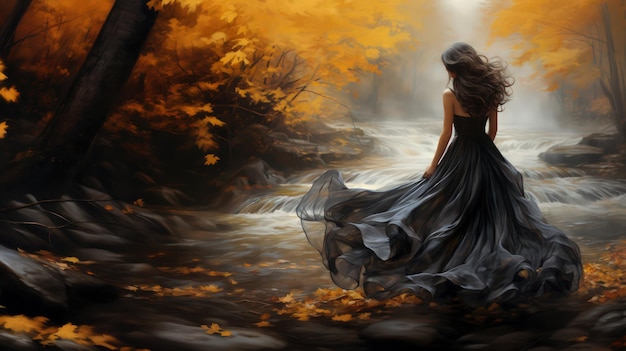 Piękna kobieta w długiej płynącej sukience balowej w jesieniowym parku Długi baner czarno-złota paleta kolorów