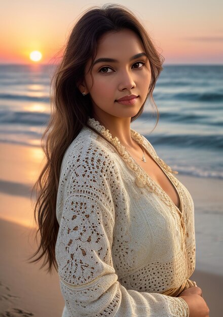 Piękna kobieta w jasnej sukience na plaży o zachodzie słońca Generacyjna AI