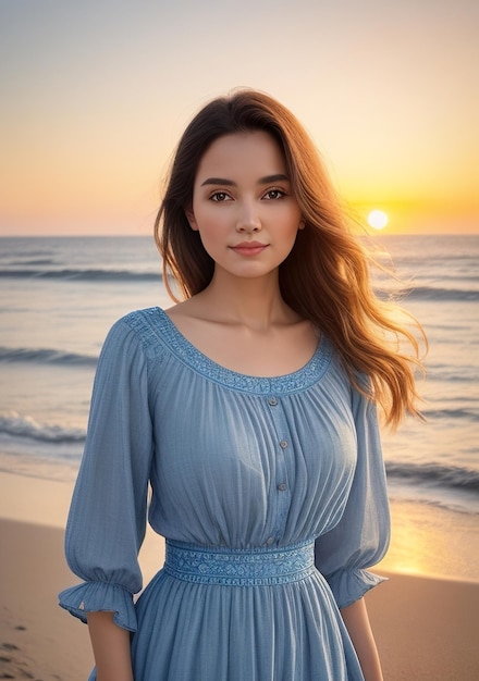 Piękna kobieta w jasnoniebieskiej sukience na plaży o zachodzie słońca na wiosnę Generacyjna AI