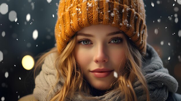 Piękna kobieta w kapeluszu w zimie patrzy na kamerę wygenerowaną przez sztuczną inteligencję
