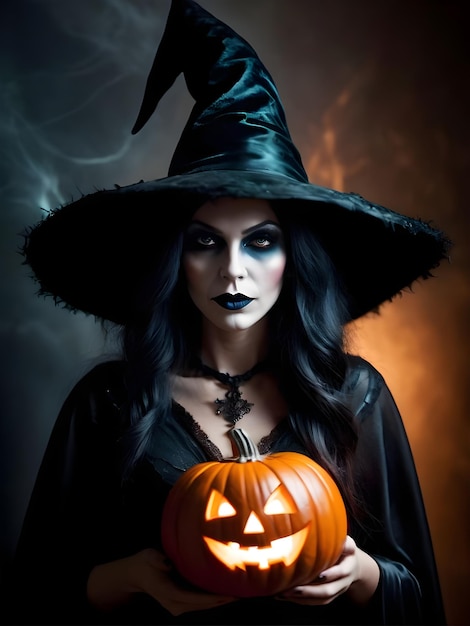 Piękna kobieta w kostiumie czarownicy z makijażem na Halloween Dynie świec i nietoperze na Halloween