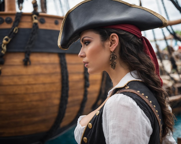 Zdjęcie piękna kobieta w kostiumie pirata stoi obok drewnianego statku