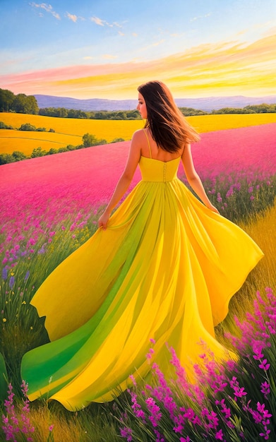 Piękna kobieta w lekkiej letniej sukience spaceruje po kwitnącej letniej łące Żywy kolor Cyfrowa kreatywna sztuka projektanta malowana rysunek AI ilustracja