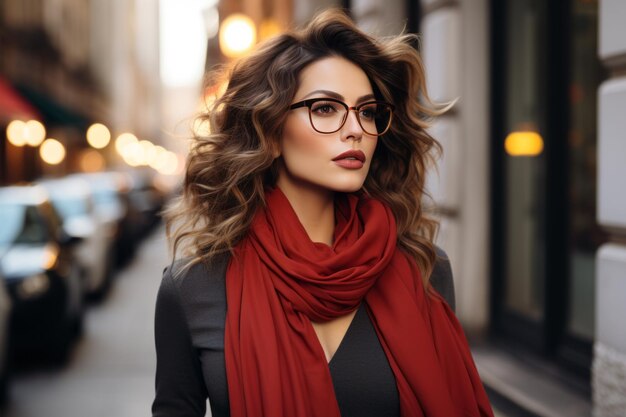 piękna kobieta w okularach i czerwonym szaliku idąca ulicą