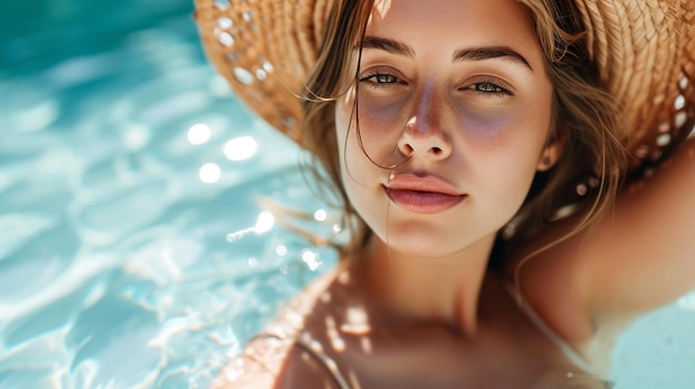 Zdjęcie piękna kobieta w relaksującym basenie luksusowego hotelu