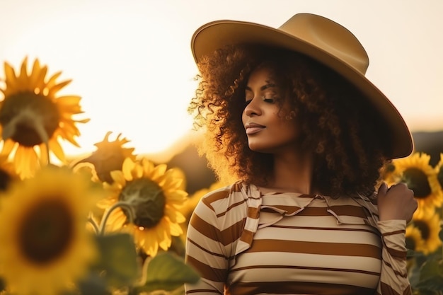Piękna kobieta w słomianym kapeluszu stoi w słonecznikowym polu
