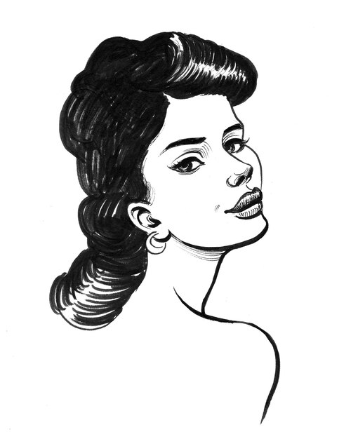 Zdjęcie piękna kobieta w stylu pin-up. czarno-biały rysunek tuszem